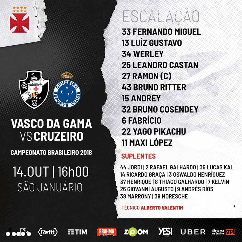 Escalação oficial do Vasco