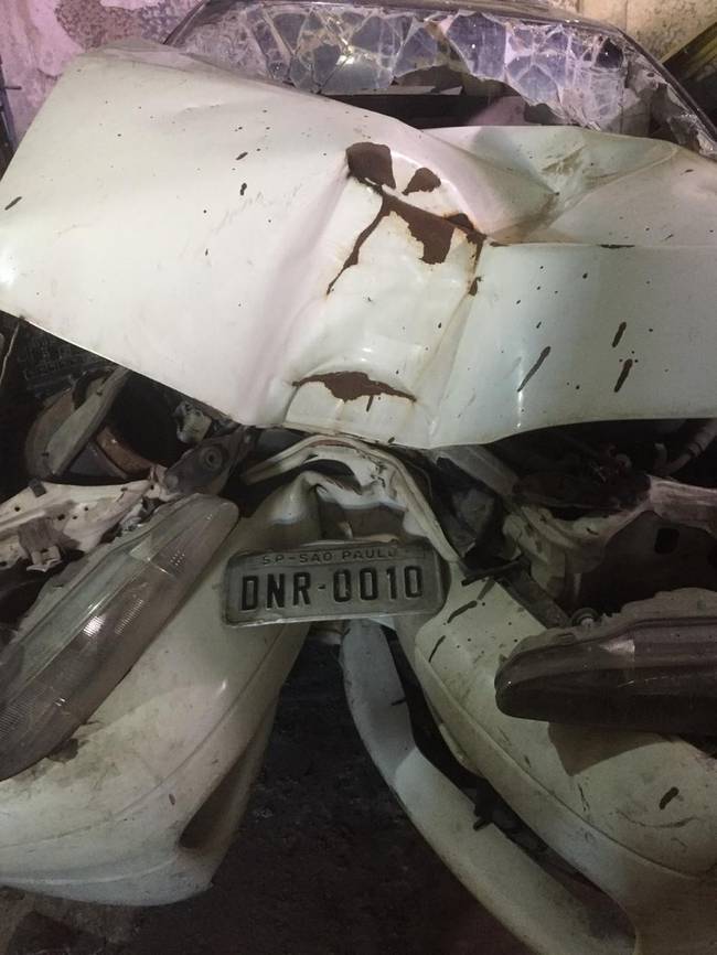 Placa dianteira está amassada. O impacto da árvore destruiu a Mitsubishi
