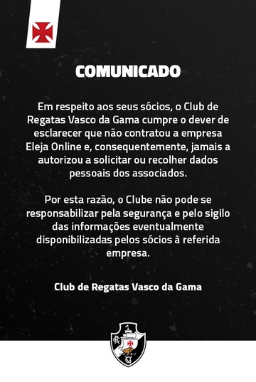 Comunicado do Vasco sobre a Eleja Online