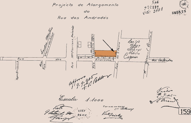 Localização da Estudantina Arcas na rua São Pedro (atual pista sentido praça XI da av. Presidente Va