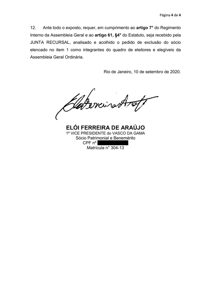 Elói Ferreira de Araújo, primeiro vice-presidente do Vasco, pede a impugnação de Alexandre Campello