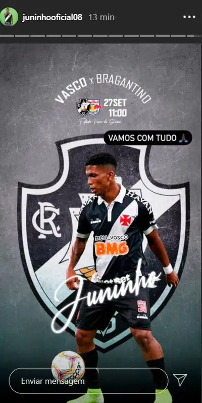 Juninho publica imagem em referência ao jogo contra o RB Bragantino