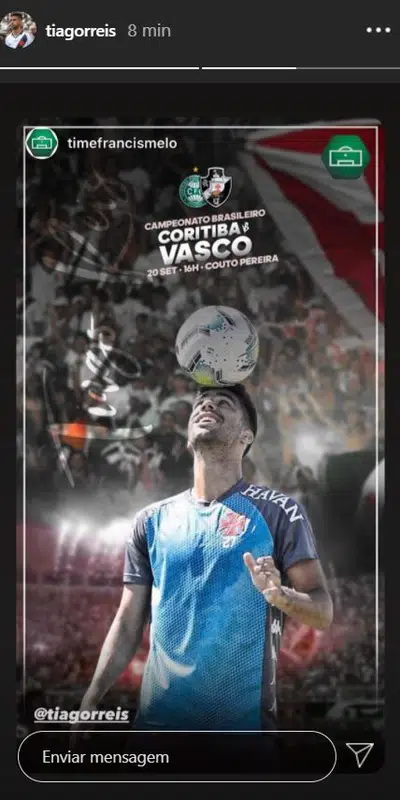 Tiago Reis publica imagem em referência ao jogo contra o Coritiba