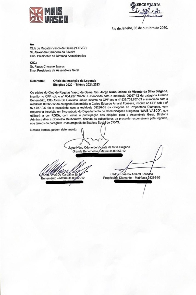 Documento que confirma o pedido de registro de candidatura de Jorge Salgado