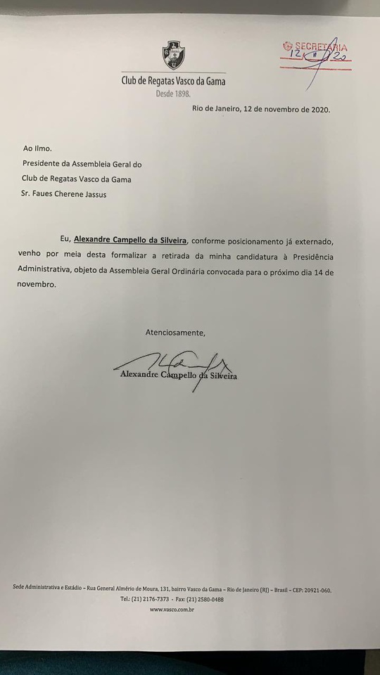 Carta de renúncia de Alexandre Campello