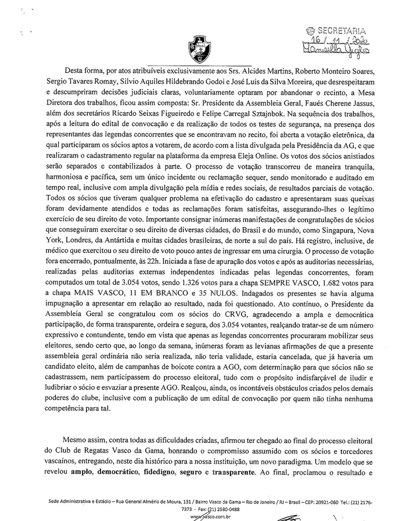 Confira as folhas que compõem a ata do pleito on-line do Vasco, assinada por Mussa, presidente da AG