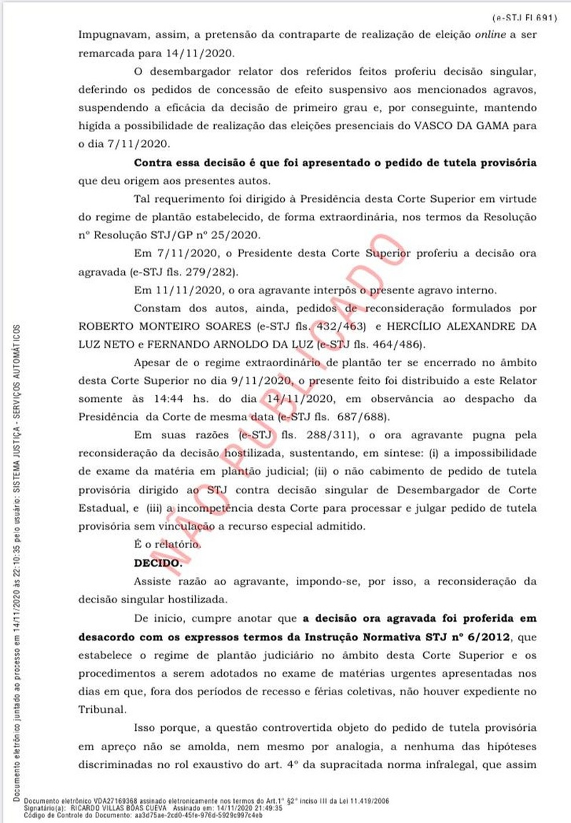 Eleição do Vasco: decisão do ministro Ricardo Cueva, do STJ