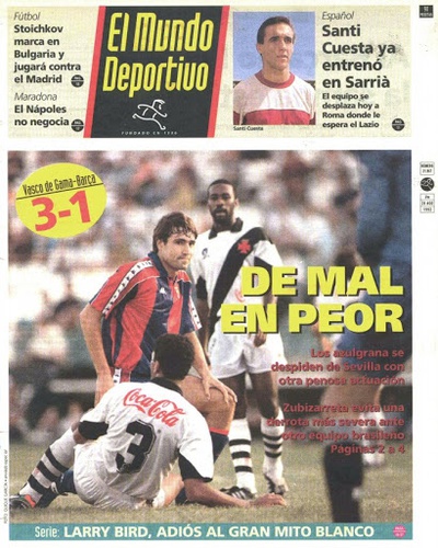 Capa de jornal de Vasco 3-1 Barça