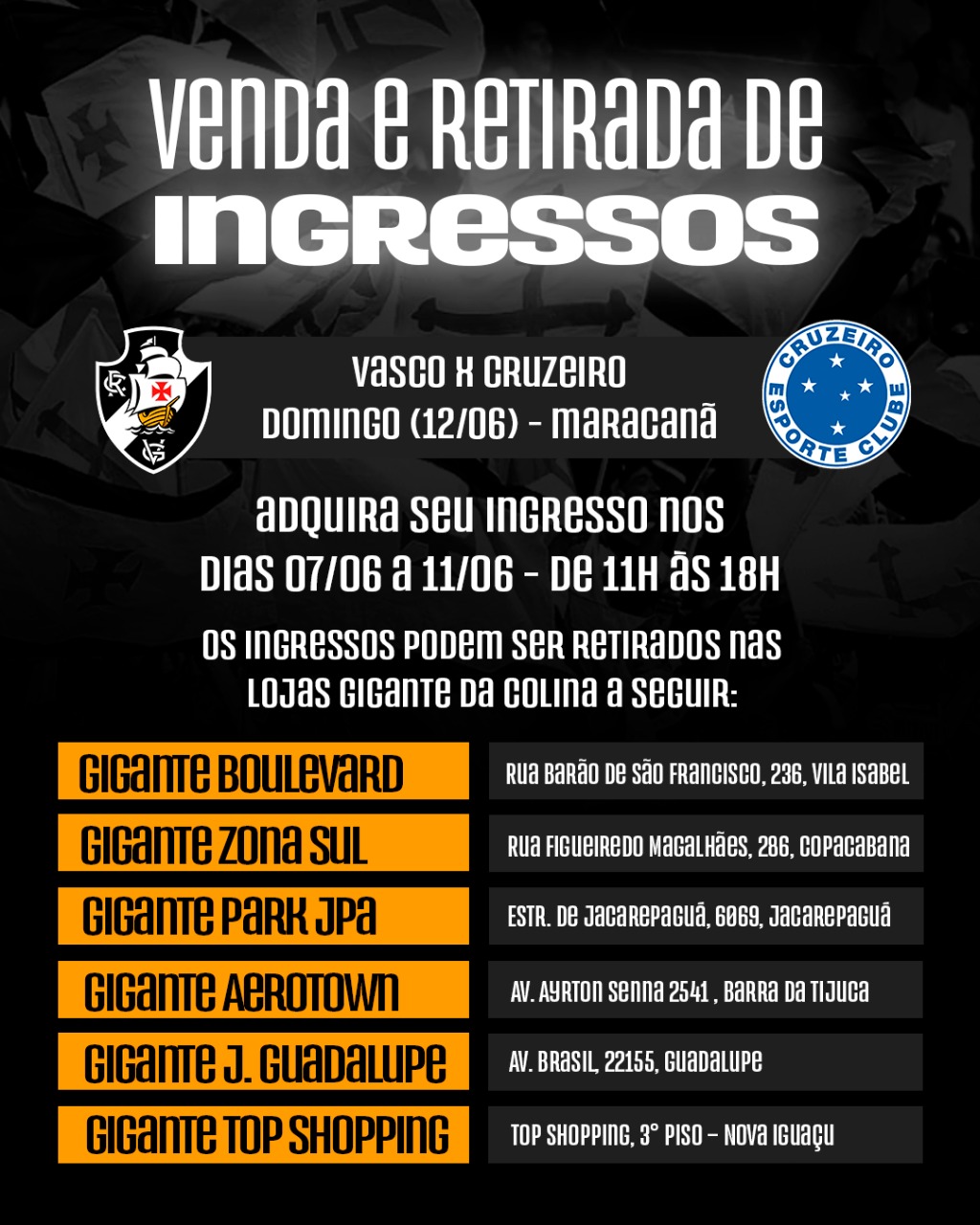 Informações sobre ingressos para Vasco x Cruzeiro – Vasco da Gama