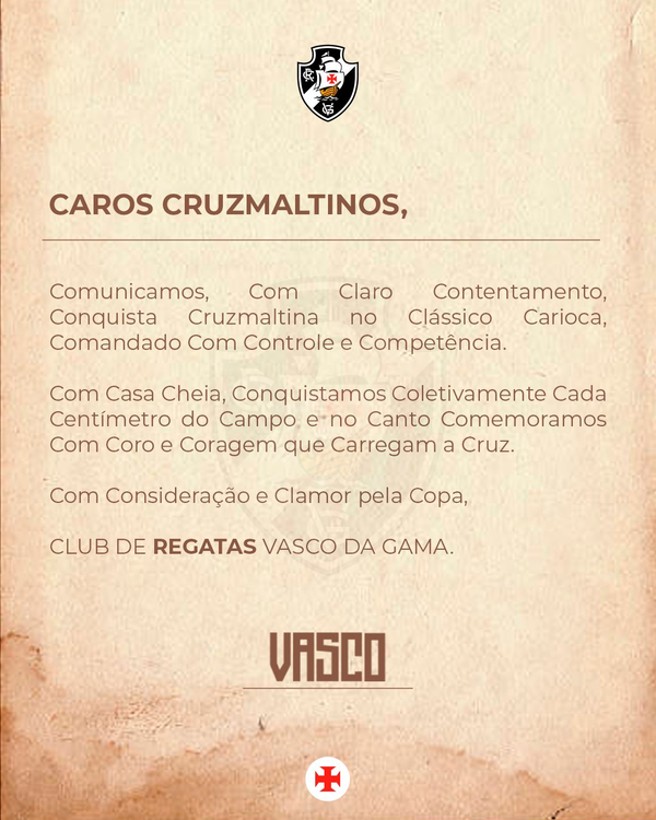 Provocação do Vasco ao Fluminense em carta só com a letra C — Foto: Divulgação / Vasco